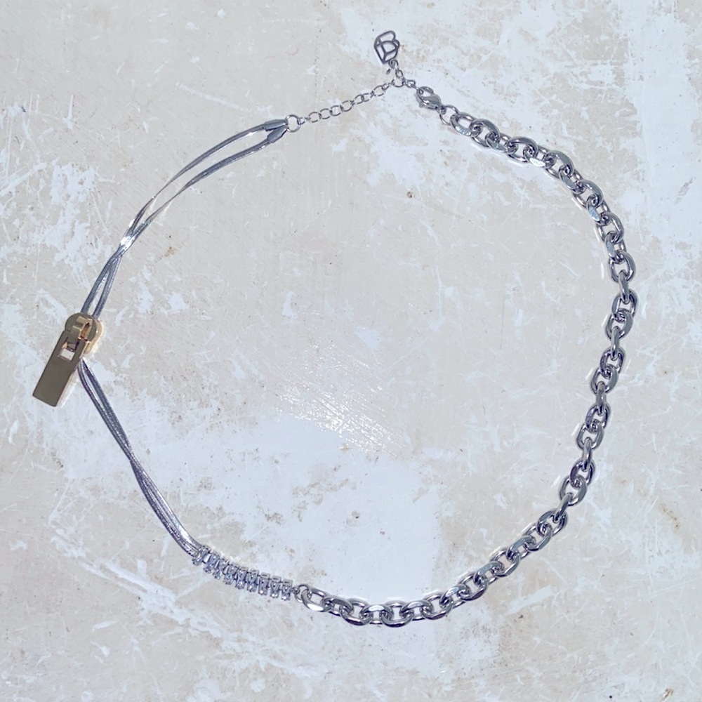 Designer Choker Necklace zipper detail double chain w crystals designed in LA‌